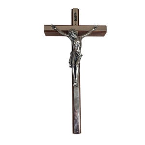 Vintage Wooden Pewter Silver Tone Wall Crucifix Jesus Christ 12&quot; Cross