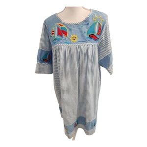 Vintage 80s Sailboat Summer Blue MuuMuu Dress L Kaftan Patio Dress Cotton