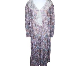 Vestido blusón vintage de los años 80 de manga larga con cuello de encaje para mujer Talla 2XL Midi de cachemir morado