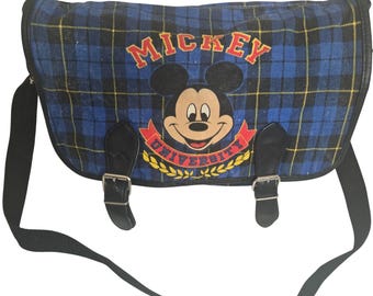 Vintage 90s Disney Mickey University Plaid Messenger Bag Blue