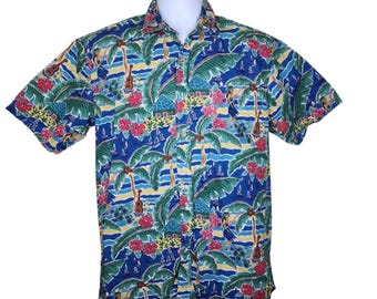Camicia tropicale hawaiana vintage a maniche corte anni '80 da uomo, taglia S, blu Aloha Tiki Wahine