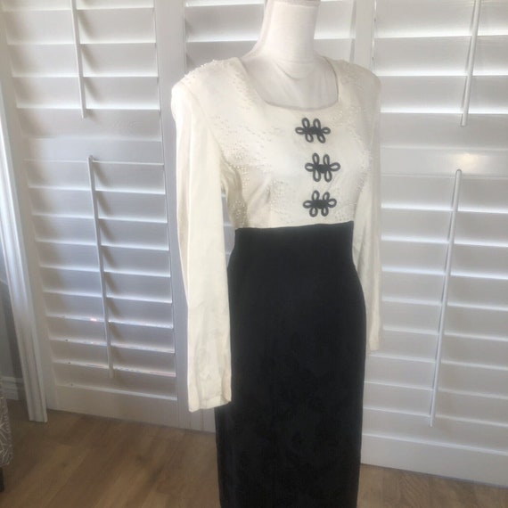 Vtg 80s Plaza South Black Ivory Sheath Dress 12 P… - image 7