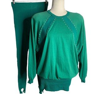 Vintage 80s Tunic Sweater Stirrup Leggings Set L Green Rhinestones Oversized