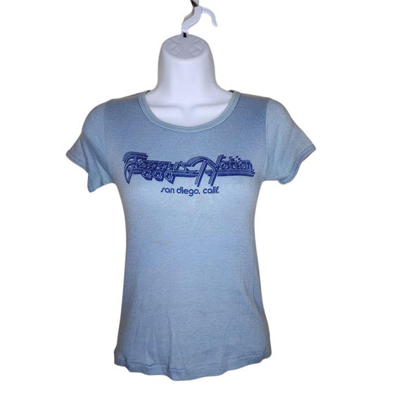 Vintage 70s Foggys Notion San Diego Cap Sleeve Babydoll Tshirt Womens XS Blue