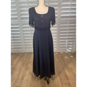 Vtg 80s Deadstock Lion Dark Blue Cocktail Dress 9 Ballet Length Rayon Empire
