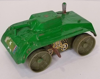 Tanque de hojalata verde de cuerda de juguete Marx vintage con motor en funcionamiento y llave original