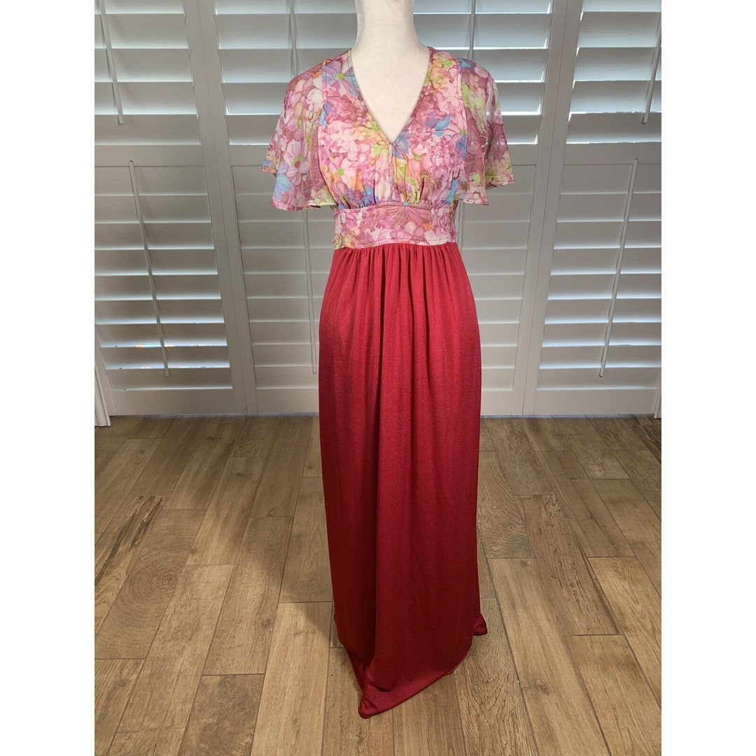 Vtg 70s Roberta California Red Pink Chiffon Floral Maxi Dress S 5 Boho ...