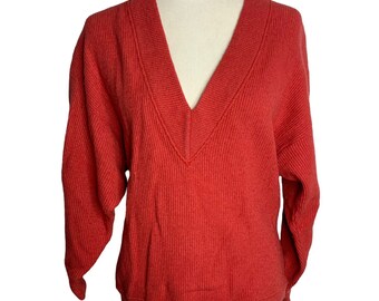 Vintage Limited Lambswool Pullover Sweater M Red Ribbed Knit Pullover V Neck