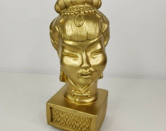 Vintage 1960 Universal Statuary Asian Bust Head Mid Century Statue Gold 11"