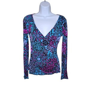 Vintage 90s Y2K Emilio Pucci Wrap Shirt Top Blouse V-Neck Womens Size XS Blue