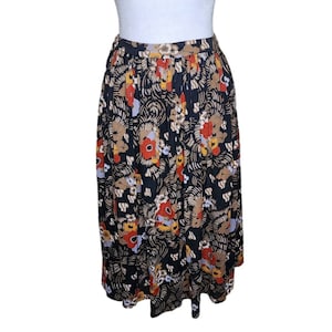 Vintage 70s Midi Full Skirt Womens Size Small Brown Floral Nylon Polyester