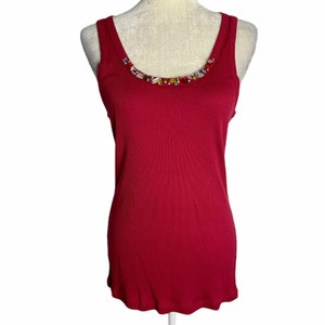 Vintage 90s Artisan Beaded Tank Top XL Pink Ribbed Cotton Blend Scoop Neck NUEVO