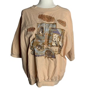 Vintage 80s Hand Painted Sweatshirt XL Pink Crewneck Puff Glitter Southwest