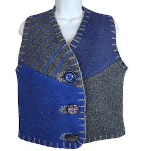 Vintage 90s Felted Wool Vest Wearable Art Blue Gray M L Funky Artistic Boho