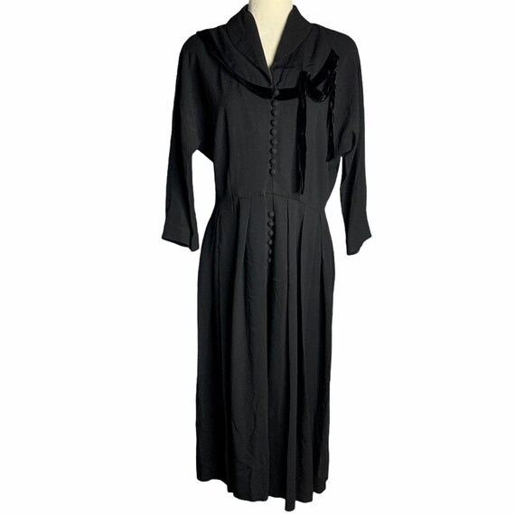 Vintage 50s Crepe Button Front Dress M Black Plea… - image 3