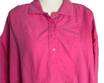 Vintage 80s Snap Front Pullover Sweatshirt L Pink Collared Pockets Ribbed Knit