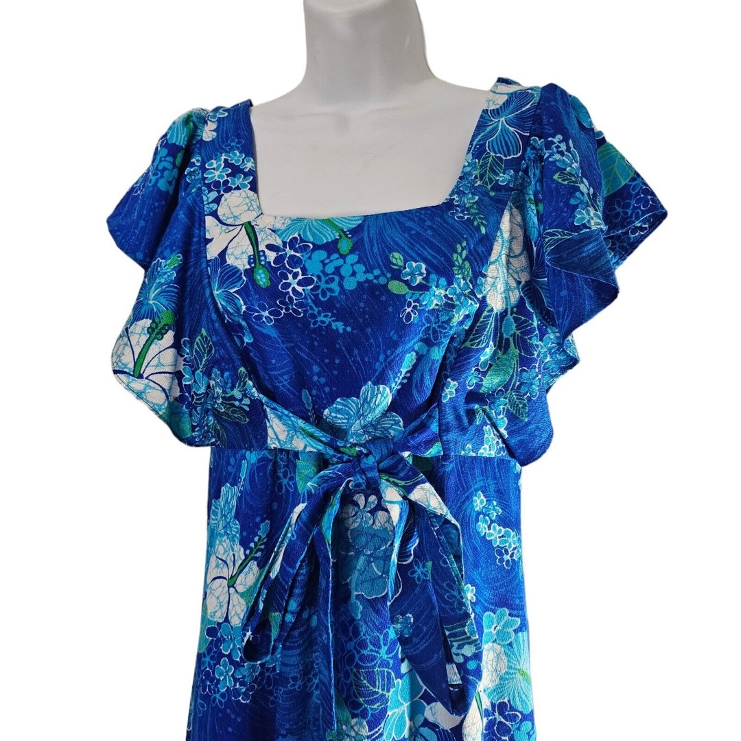 Vintage 70s Dress Womens Size S Blue Floral Belted Maxi Hawaiian Floral ...