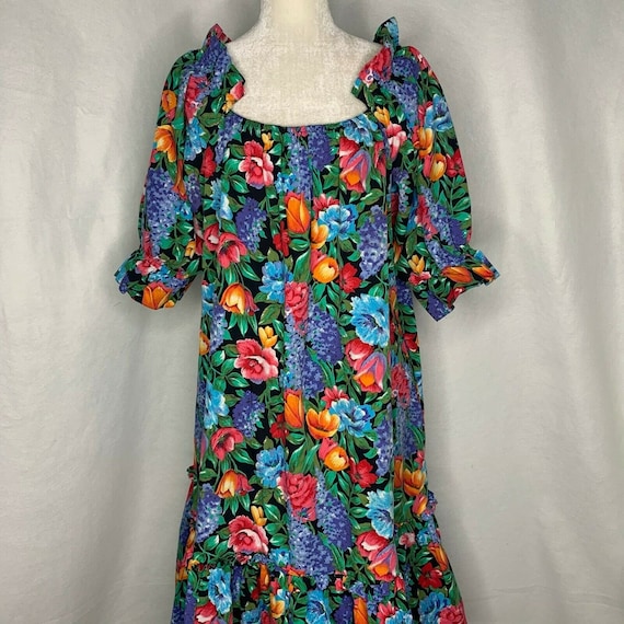 Vintage 80s Hilo Hattie Hawaiian Dress XL Black Fl