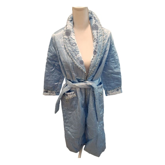 Womens Vintage 50s 60s Blue Quilted Satin Robe M … - image 1