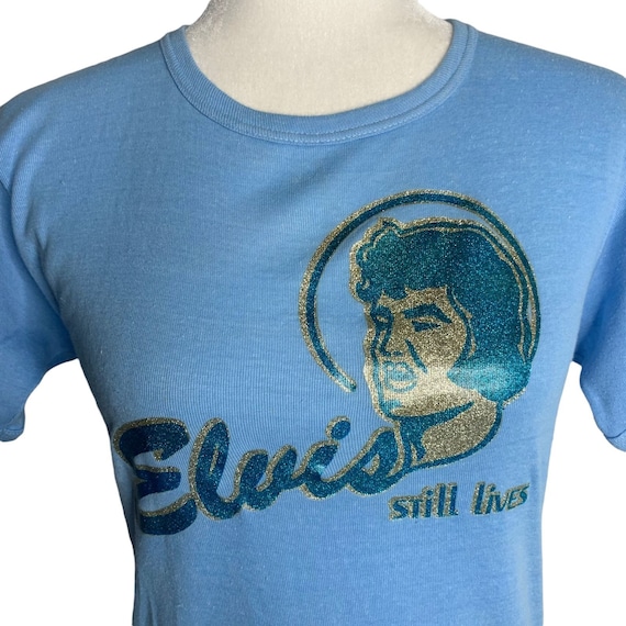 Vintage 70s Elvis Glitter Iron On T Shirt S Blue … - image 1