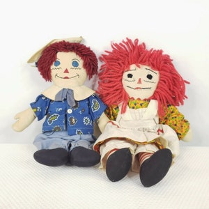 Vintage Raggedy Ann and Andy Cloth Rag Dolls Handmade 14&quot; Primitive