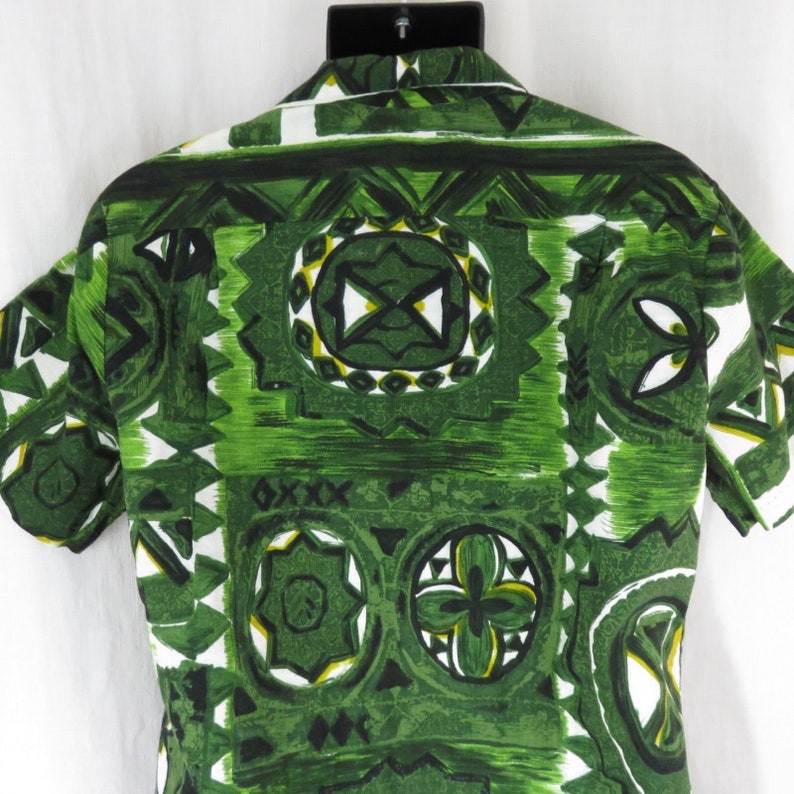 Vintage Made In Hawaii Aloha Bark Cloth Hawaiian Shirt Green M Tapa Tiki