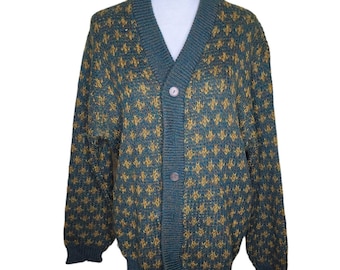 Pull cardigan en laine vintage des années 60 pour femmes, taille L, or vert, grosse maille, fleur de lys