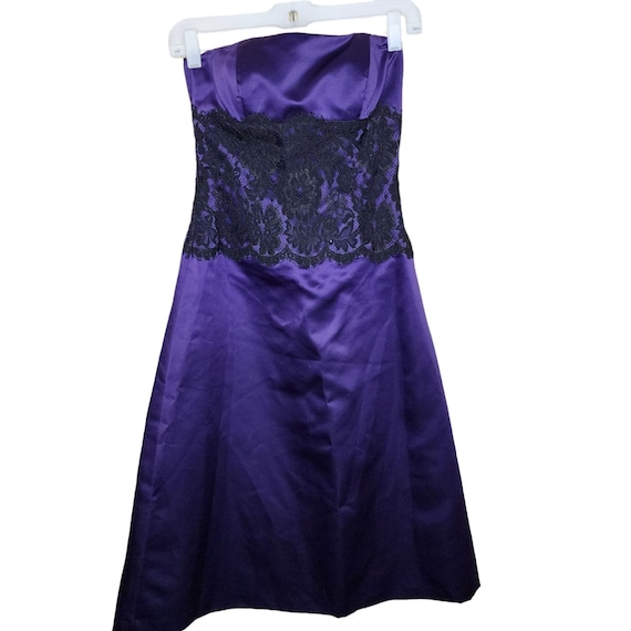 Vintage 90s After Six Strapless Midi Dress: Purple Black Lace, Size 2
