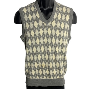 Vintage 70s Arnie Arnold Palmer Sweater Vest M Grey Argyle Diamond Knit V Neck