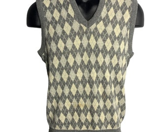 Vintage 70s Arnie Arnold Palmer Sweater Vest M Grey Argyle Diamond Knit V Neck