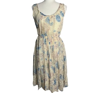 Vintage 50s Sleeveless Chiffon Swing Dress S Ivory Floral Pleated Lined Zip Snap