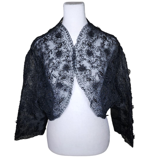 Vintage 90s Sheer Beaded Bolero Shrug Womens 2XL Black Lace