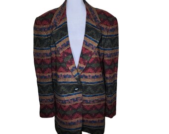 Vintage jaren '90 Azteekse zuidwestelijke blazerjas Damesmaat 12 Rood Multi