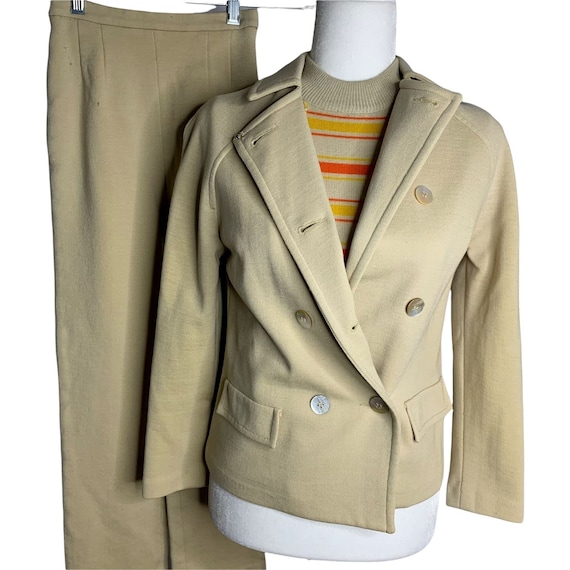 Vintage 60s 3 Piece Wool Jacket Pant Set XS Beige… - image 1