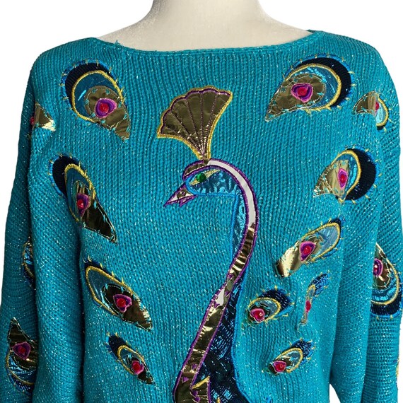 Vintage 80s Peacock Sweater M Turquoise Blue Metallic Dolman 