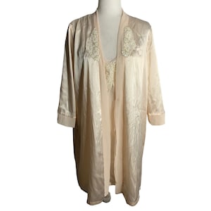 Vintage Beaded Satin Peignoir Set M Pink Half Robe Sweetheart Adjustable Straps