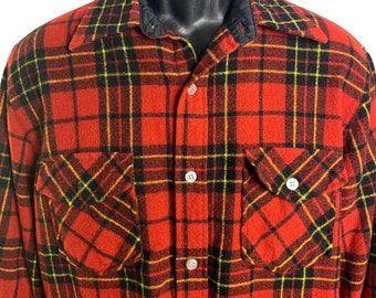 Vintage 70s Wool Button Down Shirt Jacket L Red Tartan Plaid Flap Pocket Shacket