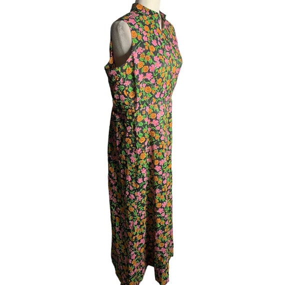 Vintage 60s Sleeveless Sheath Dress L Black Flora… - image 5