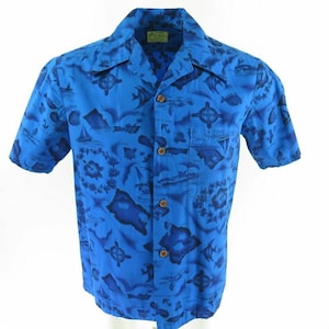 Vintage 60er Jahre Ui Maikai Hawaiian Camp Shirt Blau Island Map Knopfleiste Vortasche
