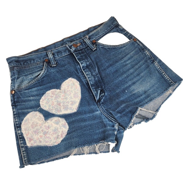 Short en jean vintage pour femme, taille 32, patchs détruits en denim bleu recyclés