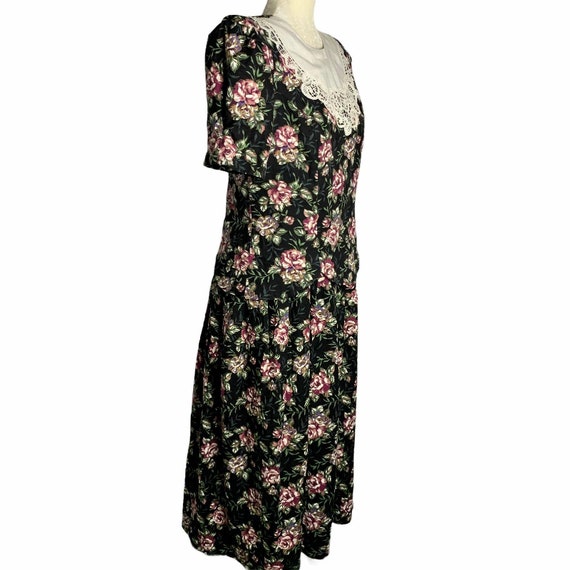 Vintage Floral Midi Dress M Black Short Sleeve La… - image 5