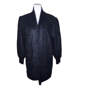Vintage 80s Angora Rabbit Fuzzy Open Cardigan Jacket Womens S Black