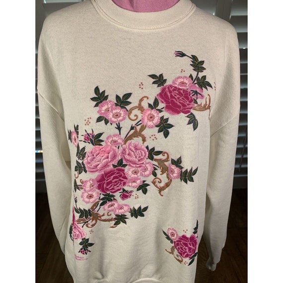 Vtg Grandma Core Double Collar White Pink Flowers Sweatshirt M/L K Hamilton View 2