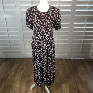 Vtg 80&#39;s Northern Traditions Dark Blue Floral Rayon Peasant Dress 8 Cottage Core