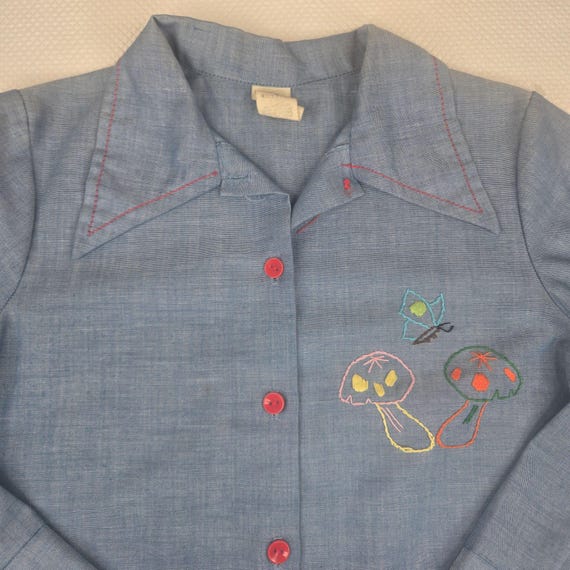 Vintage 70s Embroidered Shirt Womens Small Blue T… - image 4