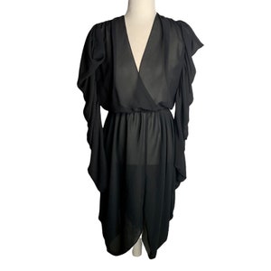 Vintage 70s Sheer V Neck Cocoon Dress S Black Puff Sleeves Elastic Waist Ruffles
