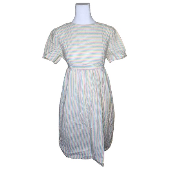 Vintage 70s Empire Waist Babydoll Dress Womens Size M Rainbow Pastel Stripes Seersucker