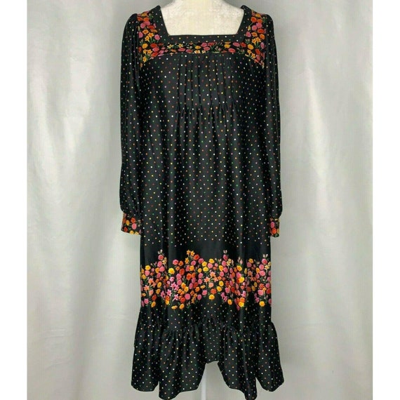 Vintage 70s Boho Prairie Dress M Black Polka Dot F