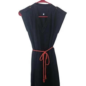 Vintage 70s Navy Blue Scooter Sleeveless Dress S Red Accents V Neck