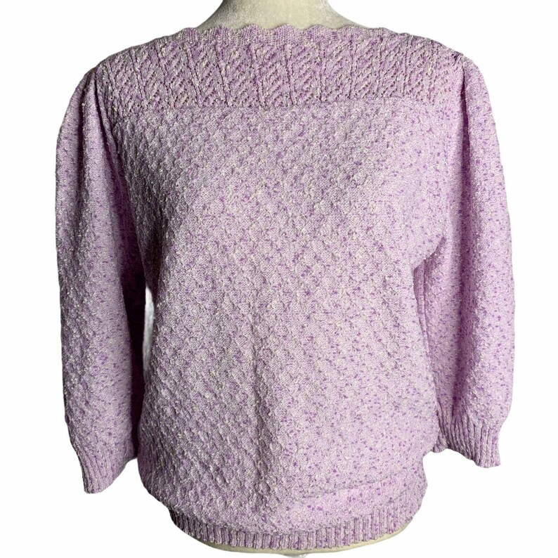 Vintage Boucle Loose Knit Sweater M Purple Boatneck Crochet Scallop 3/4 Sleeve image 2